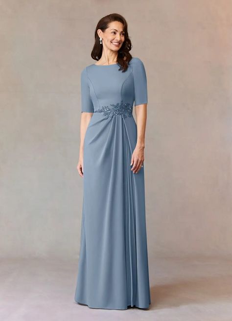 Dusty Blue Azazie Joelle A-Line Sequins Stretch Crepe Floor-Length Dress | Azazie Blue Formal Dresses, Plus Size Bridal Dresses, Dress Mother Of The Bride, Mother Of Bride Outfits, Mother Of Groom Dresses, Blue Dress Formal, Sequin Appliques, Bride Groom Dress, Lace Chiffon