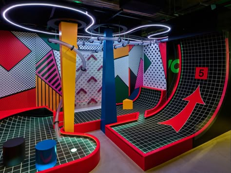 An Eye-Popping New Mini-Golf Space in London - Interior Design Indoor Mini Golf, Science Centre, Playground Areas, Crazy Golf, London Interior Design, Circular Lighting, Miniature Golf Course, Denver Art Museum, Pink Bar