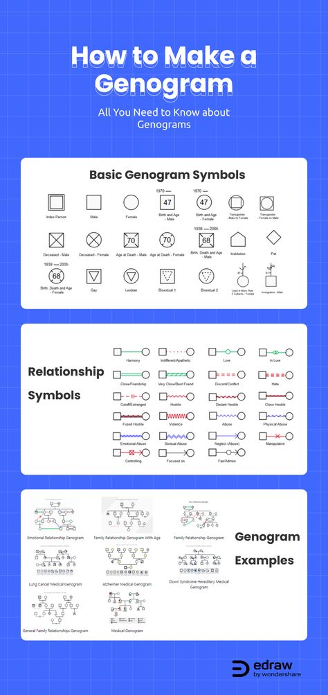 A professional and complete genogram guide just in 6 steps with Genogram symbols and free templates Genogram Template Free Printable, Family Genogram Template, Genogram Family Tree, Genogram Design Ideas, Genogram Symbols, Workbench Setup, Genogram Example, School Visuals, Family Relationship Chart