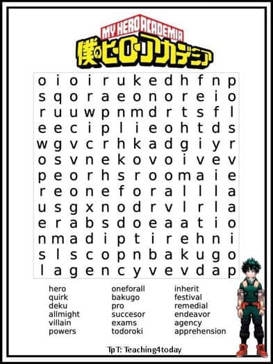 My Hero Academia Word Search by teaching4today | TPT All Mha Characters, Fun Word Search, Anime Characters Birthdays, Bnha Manga, Mha Manga, My Hero Academy, Academia Wallpaper, Anime Base, Curious George