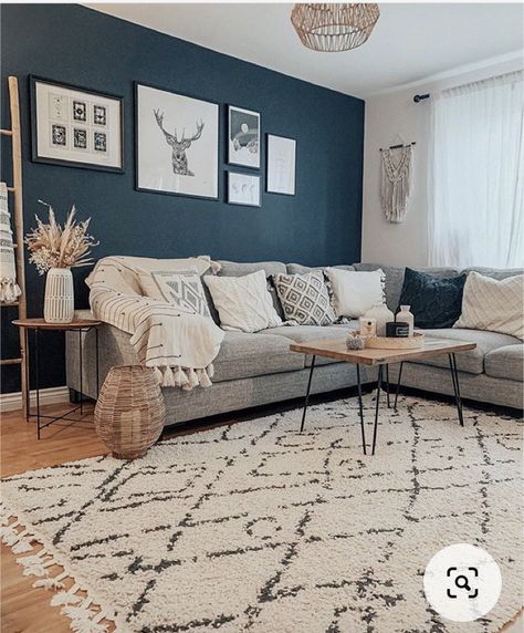 Grey Couch Blue Walls, Blue Accent Wall Living Room, Blue Living Room Color Scheme, Dark Wood Living Room, Blue Living Room Color, Living Room Inspiration Grey, Blue Walls Living Room, Blue Couch Living Room, House Interior Inspiration