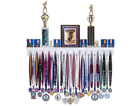 Trophy Display Shelves, Medals And Trophies, Medal Hanger Display, Trophy Shelf, Award Medal, Trophy Display, Trophy Plaques, Running Medals, Award Display