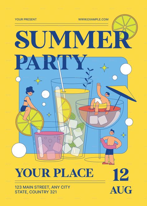 Yellow Fresh Summer Party Flyer Pop Up Event Poster, Summer Party Poster, Camp Festival, Summer Party Flyer, Super Club, Beauty Salon Business Cards, Graphic Design Portfolio Layout, Pamphlet Design, Salon Business Cards