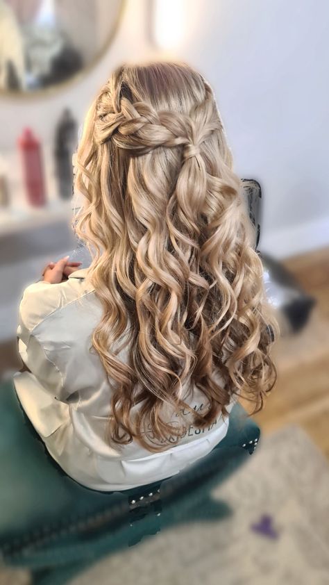 Grad Hairstyles, Curled Prom Hair, Curled Hair With Braid, Homecoming Hairstyle, Engagement Hair, Bridemaids Hairstyles, Cute Prom Hairstyles, Pageant Hair, Half Up Half Down Hair Prom