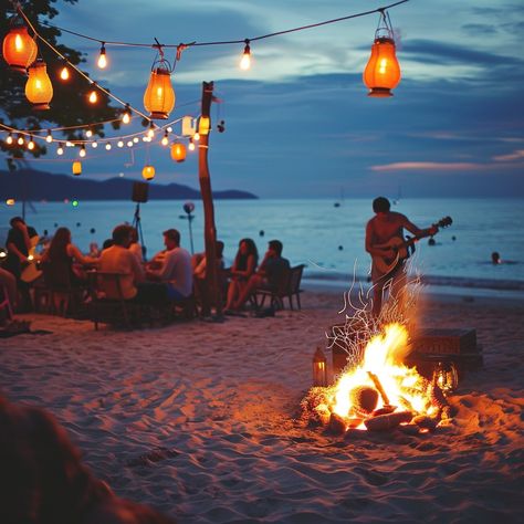 Beachside Musical Evening: Against a stunning sunset backdrop, friends gather around a warm bonfire enjoying live guitar music on the sandy beach. #beach #sunset #bonfire #music #friends #aiart #aiphoto #stockcake ⬇️ Download and 📝 Prompt 👉 https://ayr.app/l/hN2K Fire Pit On Beach, Beach Bonfire Birthday Party, Bonfire Beach Party, Beach Bonfire Wedding, Beach Bonfire Party Ideas, Bonfire Pictures, Beach Bonfire Party, Friends Moodboard, Wedding Bonfire