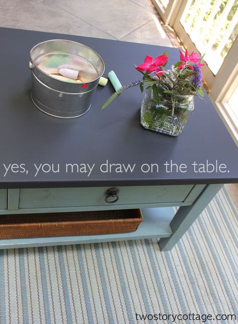 two story cottage : a chalkboard paint coffee table redo Paint Coffee Table, Chalkboard Paint Projects, Coffee Table Redo, Two Story Cottage, Paint Coffee, Table Redo, Chalkboard Table, Painted Coffee Tables, Porch Makeover