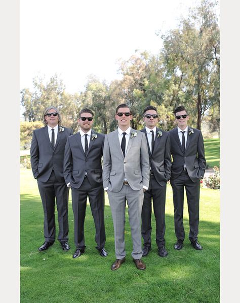 Groom wears light gray suit with the groomsmen in charcoal gray ~  all with black skinny ties ~ we ❤ this! moncheribridals.com Dark Grey Groomsmen, Black Groomsmen Suits, White Tuxedo Wedding, Suits And Ties, Groomsmen Grey, Wedding Tux, Groomsmen Outfits, Groom And Groomsmen Attire, Wedding Groomsmen