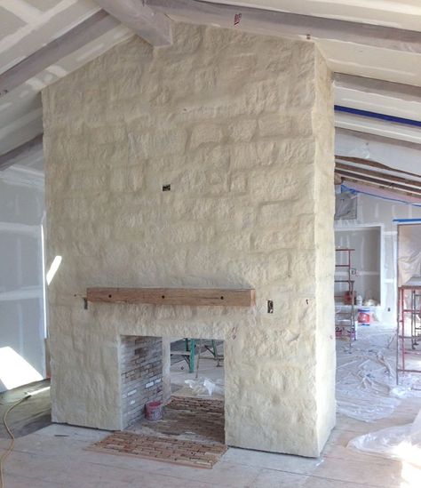 living room stone- similar to cottonwood- matching mortar, sacked grout joints Cedar Wood Siding, Patina Farm, French Limestone, Limestone Fireplace, Limestone Wall, Rock Fireplaces, Farmhouse Fireplace, Fireplace Remodel, Exterior Stone