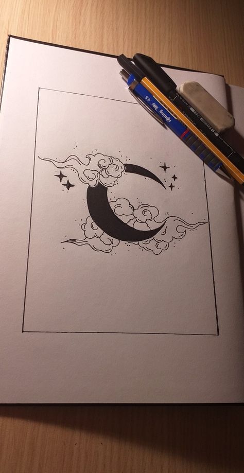 Sketch Ideas Step By Step, Doodling Ideas Aesthetic, Moon Aesthetic Drawing, Girly Drawings Cute Sketches, Moon Drawings Aesthetic, Random Sketch Ideas, Easy Drawing Step By Step, Drawing Step By Step, Pen Art Drawings