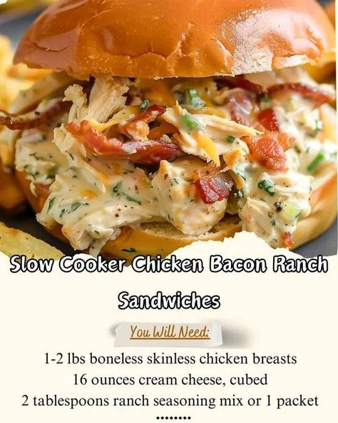 Grandma's Cooking Recipes | Slow Cooker Chicken Bacon Ranch Sandwiches 🥓🍗 | Facebook Slow Cooker Chicken Bacon Ranch, Ranch Sandwich, Chicken Bacon Ranch Sandwich, Cream Chicken Recipes, Spaghetti Chicken, Seasoning Chicken, Recipes Spaghetti, Chicken Oven, Recipes Slow Cooker