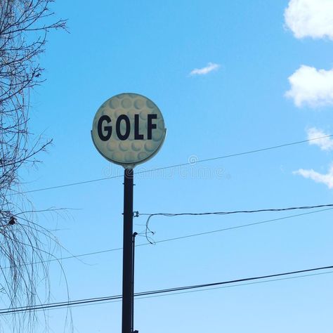 Vintage golf sign. Old style vintage golf sign on pole with bold big lettering and golf balls design on sign. Blue sky white clouds background #Sponsored , #AD, #paid, #vintage, #pole, #Vintage, #style Golf Signs, Golf Logo Design, Blue Sky White Clouds, Retro Golf, Clouds Background, Ping Golf, Golf Photography, Golf Logo, Room Prints