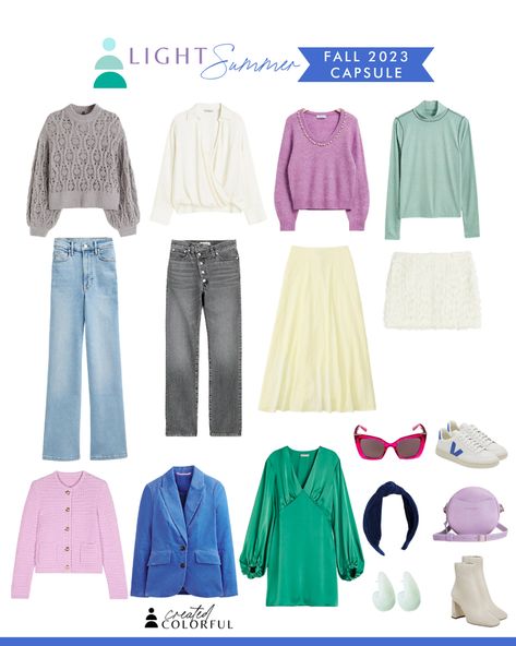 Summer Palette Links — Created Colorful Light Summer Capsule Wardrobe, True Summer Color Palette Outfits, Light Summer Color Palette Outfits, Summer Color Palette Outfits, Tonal Outfits, Light Summer Style, Palette Wardrobe, Light Summer Clothes, Color Analysis Summer