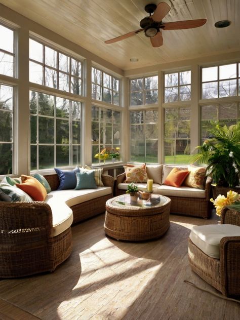 10 Enclosed Sunroom Ideas: Transform Your Space with Stunning Designs - Homezillo Outdoor Sunroom Ideas, Enclosed Sunroom Ideas, Sunroom Curtain Ideas, Modern Sunroom Ideas, Enclosed Sunroom, Sunroom Greenhouse, Modern Sunroom, Cozy Sunroom, Plush Furniture