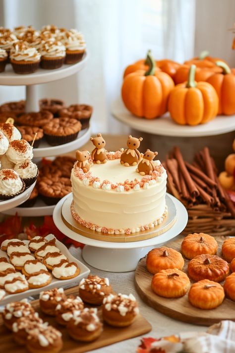 Want to add something fun to your fall baby shower? I love the idea of a dessert station with kid-friendly treats like pumpkin cookies, caramel apples, and cake pops. Use muted fall tones to tie it all together while celebrating your baby boy. Let’s make this baby shower as sweet as can be! Thanksgiving Baby Shower Theme, September Baby Shower Themes, Thanksgiving Baby Shower Ideas, Fall Themed Baby Shower Ideas, January Baby Shower Themes, Fall Baby Shower Food, September Baby Showers, January Baby Shower, Birth Reveal