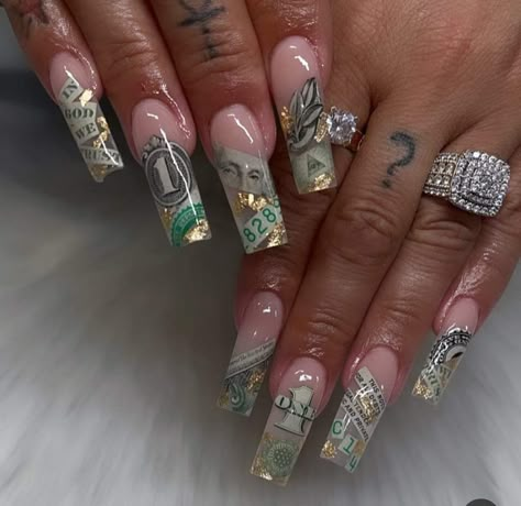 Dollar Sign Nails Design, Money Design Nails, Money Inspired Nails, Nails Money Design, Nails With Money Design, Scarface Nails, Short Money Nails, Money Acrylic Nail Design, Dollar Nails Designs