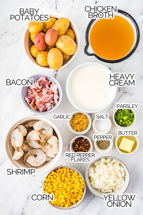 Shrimp and Corn Chowder with Potatoes is like a warm hug in a bowl! A creamy broth flavored with bacon & garlic makes for an amazing chowder! #ThingsIWantToEat #shrimp #corn #potato #chowder #soup #seafood #summer #fall #easydinner Corn Chowder With Potatoes, Bacon Potato Corn Chowder, Potato Chowder Soup, Corn Potato Chowder, Shrimp And Corn Chowder, Shrimp And Corn Soup, Potato Chowder Recipes, Shrimp Corn Chowder, Pumpkin Alfredo