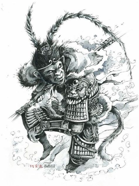 Wukong Tattoo, Chest Tattoo Sketches, Dragon Tattoo Sketch, King Drawing, Black Ink Art, Chinese Picture, Monkey Tattoos, King Tattoos, Full Back Tattoos