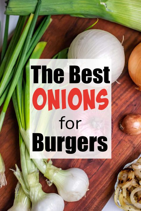 Learn all about the different types of onions that are best for use on grilled hamburgers! From the classic Spanish Onion to leeks, shallots and even fried onions, you'll find something perfect for your next BBQ! via @kitchen laughter Bbq Onions, Onions For Burgers, Grilled Hamburgers, Grilled Leeks, Smoked Burgers, Types Of Onions, Hamburgers Grilled, Onion Jam, French Fried Onions