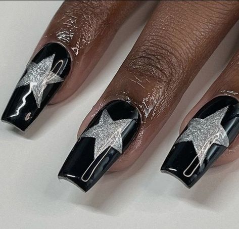 Homecoming Nails Acrylic Black, Homecoming Nails Almond, Nails Acrylic Black, Star Nail Designs, White And Silver Nails, Nails Homecoming, Homecoming Nails Acrylic, Grunge Nails, Nails White