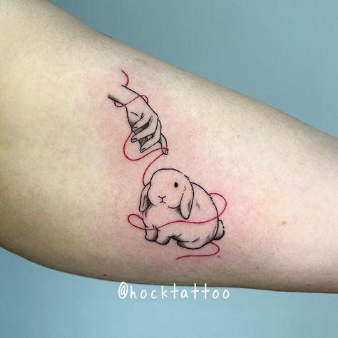 Angel Bunny Tattoo, Red Thread Of Fate Tattoo, Bunny Tattoo Design, Red String Tattoo, Bunny Tattoo Ideas, Fate Tattoo, Red Thread Of Fate, Pet Tattoo Ideas, Thread Of Fate