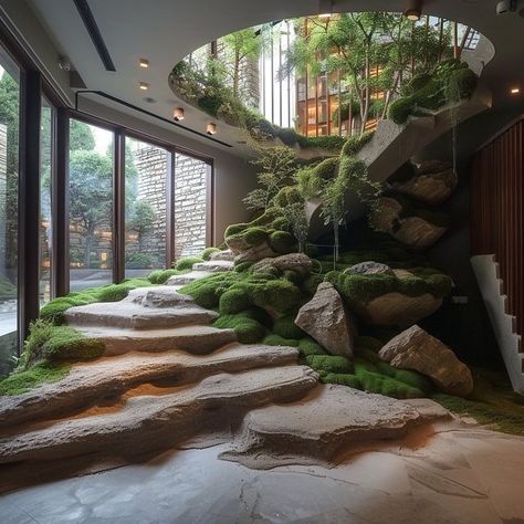 Ecosapiens on Instagram: "Welcome to your own indoor sanctuary: our moss terrace-inspired staircase. Lush moss adorns each step, bringing nature’s tranquility into your home with every ascent.  Conceptual AI Art  Follow @ecosapiens for more!" Herbs In Containers, Indoor Tree House, Forest Room, Natural Interior Design, Banana Trees, House Staircase, Bird Of Paradise, Top 40, Planting Herbs