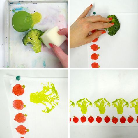 Fabric Printing with Vegetables! – Handprinted Stamping With Fruits And Vegetables, Block Printing With Vegetables, Vegetable Impression Painting, Vegetable Stamping Art, Vegetables Printing Ideas For Kids, Vegetable Printing Art For Kids, Vegetable Printing Designs, Printing With Vegetables, Vegetable Stamping