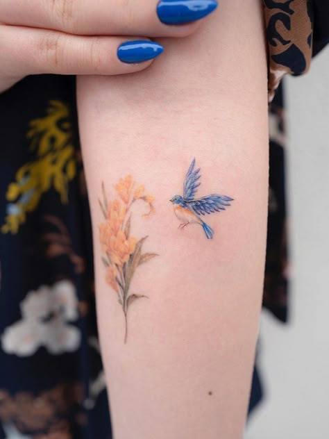 Tattoo uploaded by Joe Park • Watercolor tattoo by Donghwa of Studio by Sol #Donghwa #StudiobySol #Seoul #Koreanartist #Koreantattooartist #watercolor #fineline #detailed #color #nature #floral #bird #bouquet • 1355644 • Tattoodo Bluebird Tattoo, Mum Tattoo, Bird Tattoo Meaning, Park Watercolor, Small Star Tattoos, Bird Tattoos For Women, Korean Tattoo Artist, Tiny Tattoos For Women, Tattoos For Women Half Sleeve