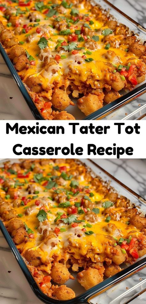 Enjoy a zesty twist with this Mexican Tater Tot Casserole! Tater Taco Casserole Recipes, Mexican Tot Casserole, Chili Tater Tot Casserole Recipes, Tator Tot Casserole With Mixed Veggies, Mexican Food Casseroles, Tator Tot Casserole Mexican, Mexican Casserole With Ranch Style Beans, Tater Tot Mexican Casserole, Tater Tot Enchilada Casserole