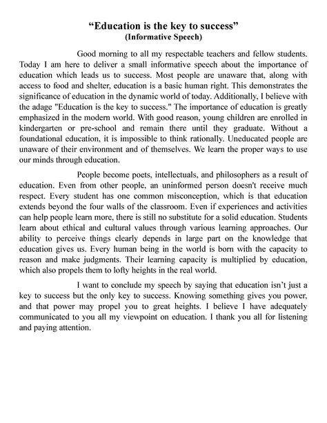 Education is the key to success - “Education is the key to success” (Informative Speech) Good - Studocu Speech About Success, Speech About Education, Motivational Speech For Students, Speech Script, Informative Speech, Good Morning To All, High School Books, Importance Of Education, Best Speeches