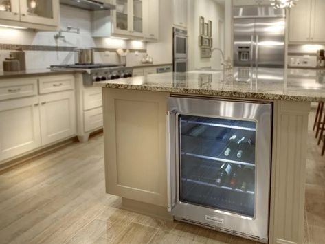 Fridge In Island, Kitchen Wine Fridge, Fridge In Kitchen, White Brick Tiles, Wine Kitchen, Entertaining Kitchen, Beautiful Home Designs, Kitchen Inspiration Design, Mini Fridge