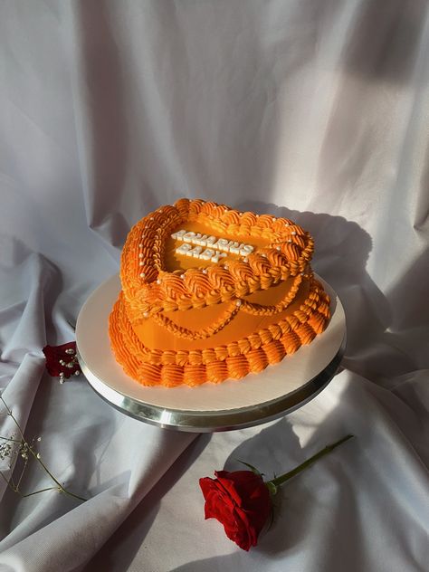 Orange And Yellow Cake Designs, 1998 Birthday Ideas, Soberity Cake Ideas, Orange Birthday Cake Aesthetic, Orange Cake Decoration Birthdays, Orange Cake Designs Birthday, Orange Colored Cake, Mother’s Day Heart Cake, Orange Bday Theme