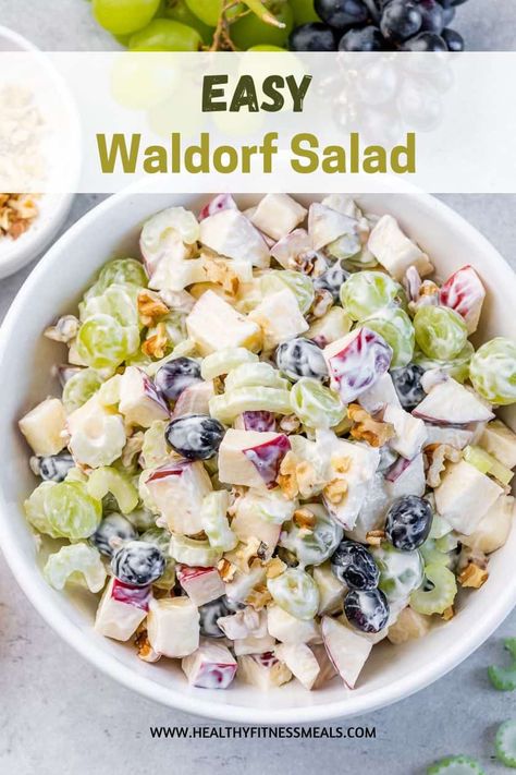 Creamy and light, this Waldorf Salad Recipe is a mix of apples, celery, grapes, and walnuts, tossed in a delicious Greek yogurt dressing. Waldorf Salad Recipe With Marshmallows, Waldorf Salad With Yogurt, Waldorf Dressing Recipe, Waldorf Salad Recipe Original, Wardolf Salad, Wardolf Salad Recipe, Easy Waldorf Salad, Mole Meaning, Apple Salad Recipe