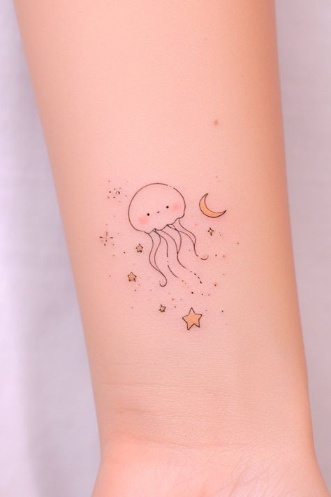 Cute Jellyfish Tattoo, Minimalist Jellyfish, Jellyfish Tattoo, Minimal Tattoo, Tattoo Inspo, Jellyfish, I Tattoo, Small Tattoos, Tattoo Ideas