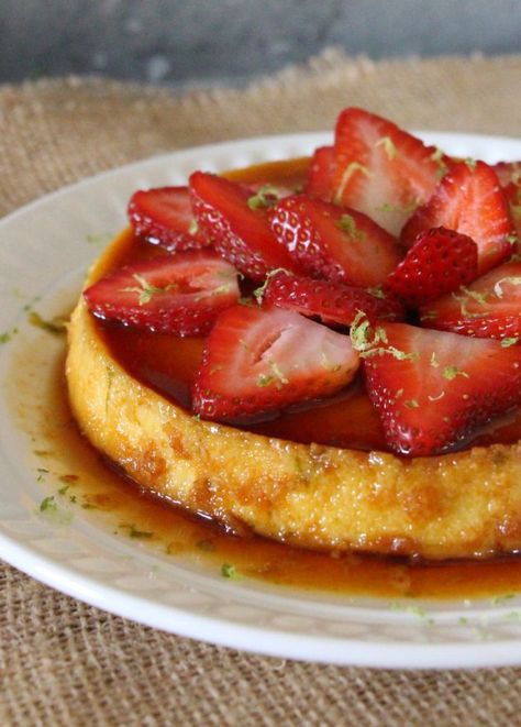 Strawberries and Flan Strawberry Flan, Creamy Flan, Mexican Flan, Flan Pan, Sweet California, Custard Desserts, Caramelized Sugar, Caramel Topping, Conventional Oven