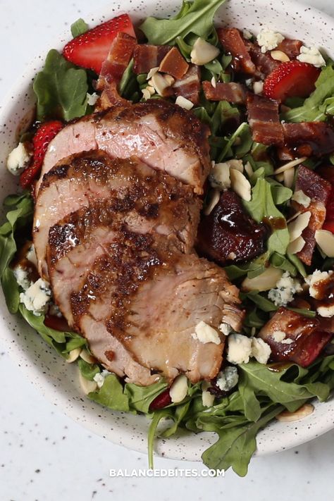 Balsamic Marinated Pork Tenderloin Salad with Bacon, Bleu Cheese, & Arugula Recipe | Balanced Bites - Grill up this simple and delicious pork tenderloin and use it to build this tasty salad! Tenderloins look fancy but they're so easy to make, and salads are a great option for easy meals because they're so versatile! Get the recipe and shop our spice blends at balancedbites.com - BBPIN15 gets you 15% off your first order! Pork Tenderloin With Bacon, Pork Tenderloin Salad, Salad With Pork, Marinated Pork Tenderloin, Arugula Recipes, Pork Marinade, Marinated Pork Tenderloins, Marinated Pork, Bleu Cheese