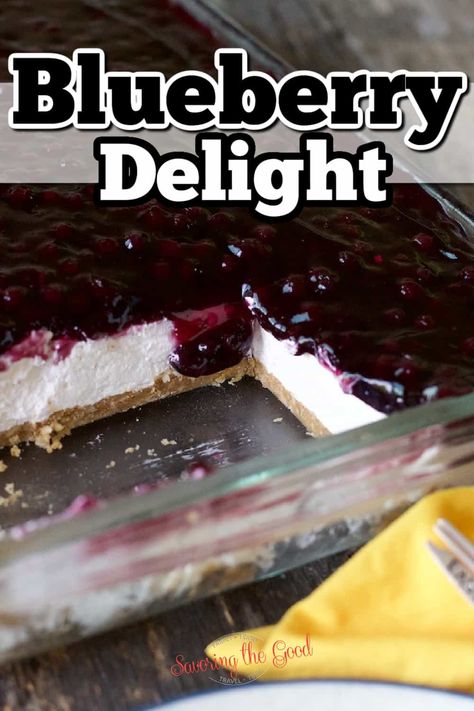 Whip up a dreamy no bake blueberry dessert, aka blueberry yum yum, with cream cheese, Dream Whip, blueberry pie filling, and a graham cracker crust. Easy recipe! Blueberry Graham Cracker Dessert, Crustless Blueberry Pie, Blueberry Desserts Easy, Dream Whip Recipes, Blueberry Delight Recipe, No Bake Blueberry Dessert, Cream Cheese Desserts Easy, Blueberry Cream Cheese Pie, Easy Blueberry Desserts