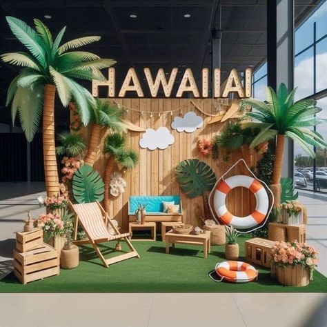 Tropical Vendor Booth, Tropical Set Design, Palm Tree Backdrop, Man Made Beach, Summer Activation, Photozone Ideas, Hawaiian Backdrop, Hawaii Decorations, Leather Furniture Repair