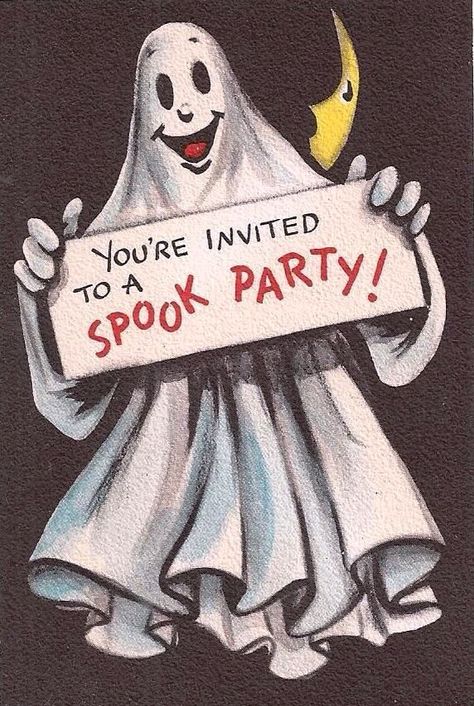 Vintage Halloween invite (part 1.) 1950s Halloween, Hallmark Halloween, Vintage Halloween Cards, Vintage Halloween Party, Vintage Halloween Art, Vintage Halloween Images, Vintage Birthday Cards, Halloween Party Invitation, Pumpkin Halloween Decorations