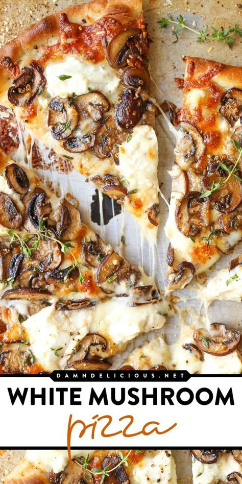 A must-try main course recipe! This homemade white mushroom pizza is the BEST. Loaded with 2 types of cheese and garlic herb mushrooms, this white pizza is an easy family dinner you'll surely love! White Mushroom Recipes, Pizza Blanca, Mushroom Pizza Recipes, The Best Homemade Pizza, White Pizza Recipes, Pizza Dinner, Best Homemade Pizza, White Mushroom, Mushroom Pizza