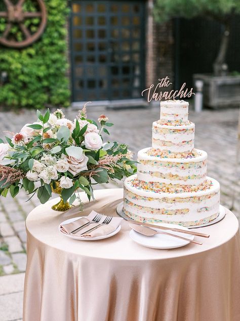 Milkbar Cake Wedding, Milk Bar Wedding Cake, Funfetti Wedding Cake Beautiful, Cake Centerpiece Wedding, Pink Roses Centerpiece, Fun Wedding Cakes, Funfetti Wedding Cake, Wedding Cake Funfetti, Sprinkle Wedding Cakes