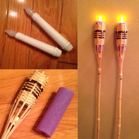 Flameless tiki torches #diy #howto #flameless #tikitorches #crafts Survivor Party, Aloha Party, Hawaiian Party Decorations, Hawaiian Luau Party, Luau Theme Party, Luau Birthday Party, Hawaiian Birthday Party, Moana Birthday Party, Hawaiian Birthday