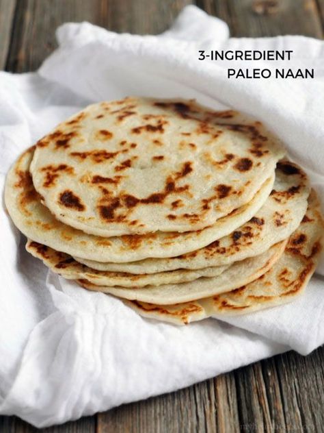 3-ingredient Paleo Naan by Ashley of MyHeartBeets.com - use this as a flatbread, tortilla, or crepe!! Butter Tea Recipe, Tapioca Flour Recipes, Paleo Naan, Pane Naan, Paleo Bread Recipe, Paleo Bread, Keto Vegan, Almond Flour Recipes, Indian Bread