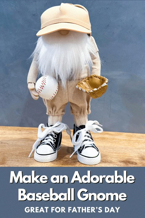 DIY Simple Baseball Player Gnome Baseball Gnomes Diy, Standing Gnomes Diy, Standing Gnomes Diy How To Make, Baseball Crafts Diy, Diy Gnomes Tutorials, Baseball Gnome, Standing Gnomes, Themed Gnomes, Baseball Diy