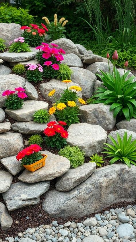 10 Stunning Rock Flower Bed Ideas for Your Front House Rock Gardens With Plants, Rock Flower Beds, Drought Resistant Landscaping, Flower Oasis, Natural Waterfalls, Raised Flower Beds, Drought Resistant Plants, Flower Bed Designs, Small Water Features