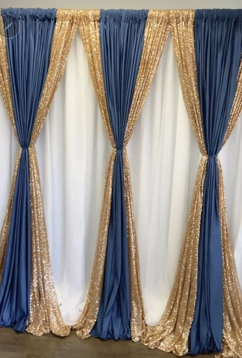 Navy Blue Black And Gold Party, Birthday Decorations With Curtains, Royal Blue And Gold Backdrop Ideas, Blue White Gold Backdrop, Navy Blue And Gold Wedding Backdrop, Navy And Gold Backdrop, Navy And Gold Gala Decor, Blue And Gold Backdrop Ideas, Black Gold And Blue Party Decorations