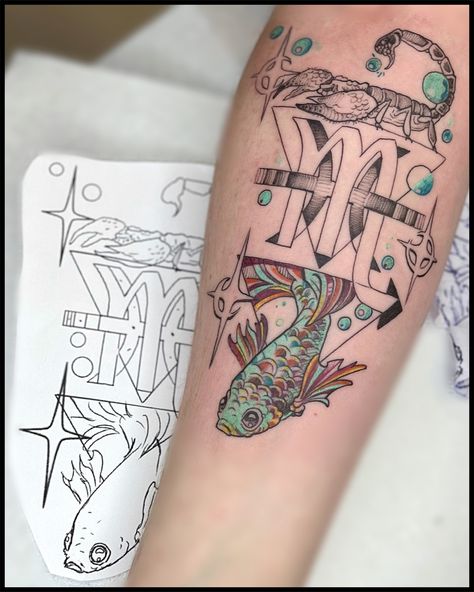 Pisces And Scorpio Tattoo Together, Scorpio And Pisces Tattoo Combined, Scorpio And Pisces Tattoo, Pisces And Scorpio Tattoo, Pieces Zodiac Tattoo, Sis Tattoo, Couples Zodiac Tattoos, Scorpion Tattoos, Pieces Zodiac