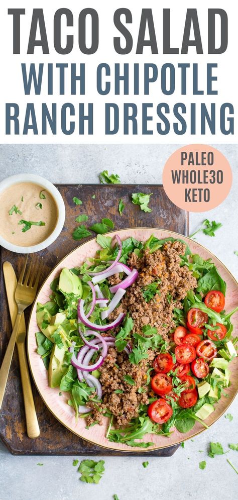 Taco Salad Healthy, Mexican Salad Dressings, Paleo Taco Salad, Dairy Free Tacos, Whole 30 Salads, Healthy Taco Salad, Taco Salad Dressing, Chipotle Ranch Dressing, Keto Taco Salad