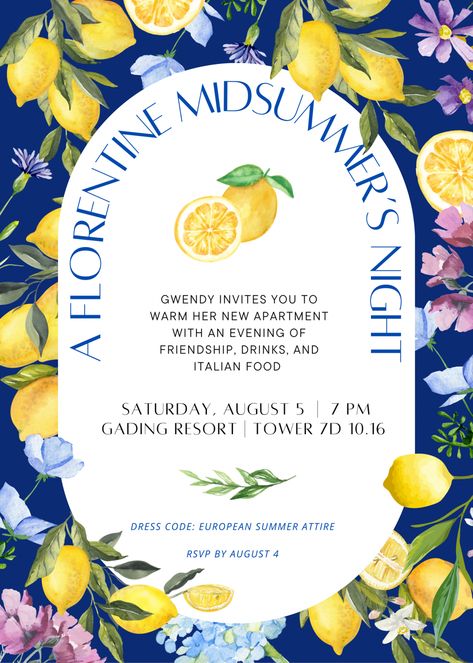 Italian Summer Invitation, Italian Invitation Design, Beyoncé Party, Lemon Invitations, Italian Dinner Party, Summer Invitation, Italian Theme, Summer Party Invitations, Dinner Party Invitations