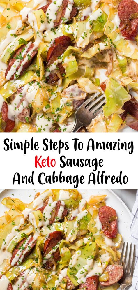 Keto sausage and cabbage alfredo is a great keto diet, low carb dinner option. Using cabbage in the place of noodles and adding in sausage for extra protein and flavor. Creamy Cabbage Alfredo, Alfredo Cabbage And Sausage, Creamy Cabbage And Sausage Recipes, Keto Cabbage Alfredo, Cabbage Alfredo With Sausage, Sausage And Cabbage Alfredo, Low Carb Cabbage Recipes, Keilbasa And Cabbage, Sausage And Cabbage Recipes