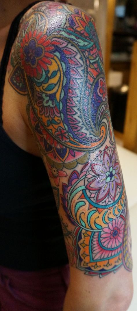 Paisley Tattoos, Colorful Sleeve Tattoos, Paisley Tattoo, Mandala Sleeve, Cool Half Sleeve Tattoos, Colorful Tattoos, Tattoo Mandala, Full Sleeve Tattoo Design, Hawaiian Tattoo